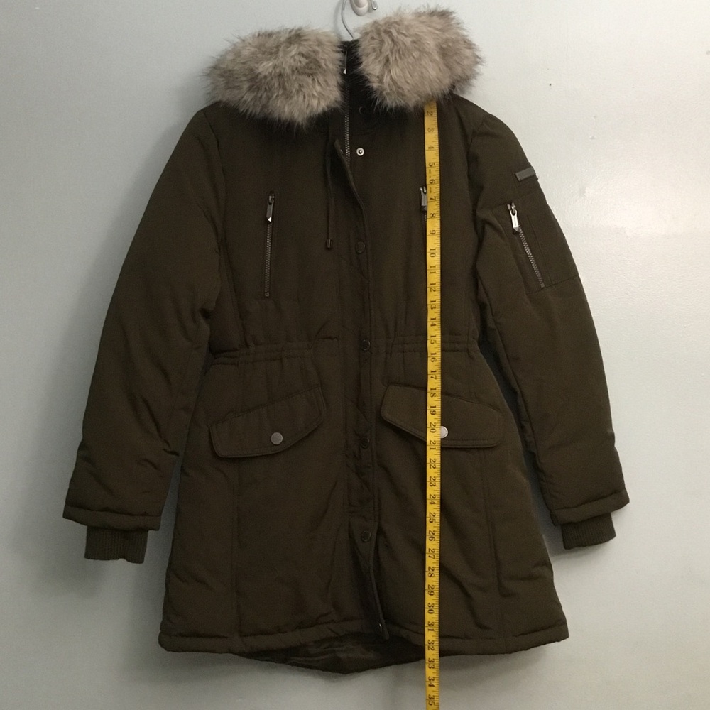 BCBGMAXAZRIA Olive Green Parka with Faux Fur Hood